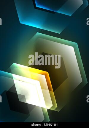 Techno glowing glass hexagons vector background. Techno glowing glass hexagons vector background, futuristic dark template with neon light effects and simple forms Stock Vector