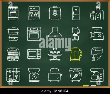 Kitchen Appliances chalk icons set. Outline web sign kit of equipment. Kitchen linear icon collection includes shaker, scales, mixer. Simple hand draw Stock Vector