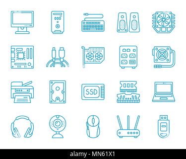 Computer thin line icons set. Outline monochrome web sign kit of electronics. Computer linear icon collection includes processor, hdd, printer. Simple Stock Vector