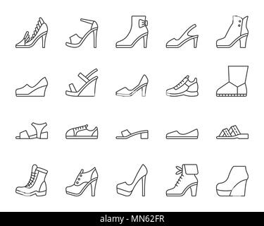 Women Shoes thin line icons set. Outline web sign kit of footwear. Shoes linear icon collection includes sandals, platforms, mules. Simple black symbo Stock Vector