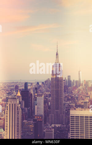 New York City skyline at sunset with vintage filter