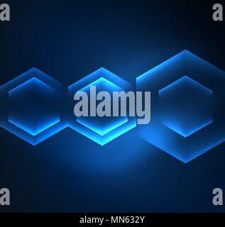 Techno glowing glass hexagons vector background. Techno glowing glass hexagons vector background, futuristic dark template with neon light effects and simple forms Stock Vector