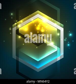 Techno glowing glass hexagons vector background. Techno glowing glass hexagons vector background, futuristic dark template with neon light effects and simple forms Stock Vector