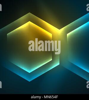 Techno glowing glass hexagons vector background. Techno glowing glass hexagons vector background, futuristic dark template with neon light effects and simple forms Stock Vector