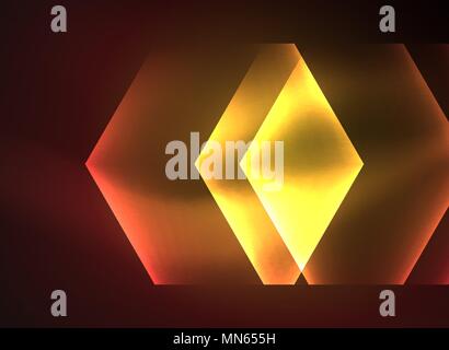 Techno glowing glass hexagons vector background. Techno glowing glass hexagons vector background, futuristic dark template with neon light effects and simple forms Stock Vector