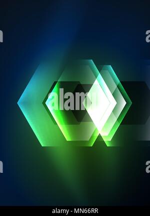 Techno glowing glass hexagons vector background. Techno glowing glass hexagons vector background, futuristic dark template with neon light effects and simple forms Stock Vector