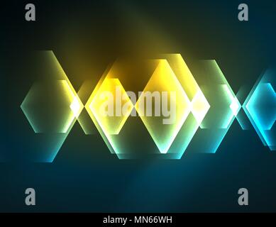 Techno glowing glass hexagons vector background. Techno glowing glass hexagons vector background, futuristic dark template with neon light effects and simple forms Stock Vector