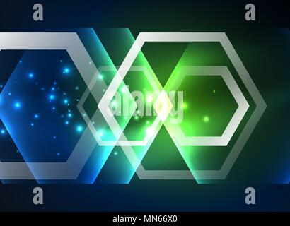 Techno glowing glass hexagons vector background. Techno glowing glass hexagons vector background, futuristic dark template with neon light effects and simple forms Stock Vector