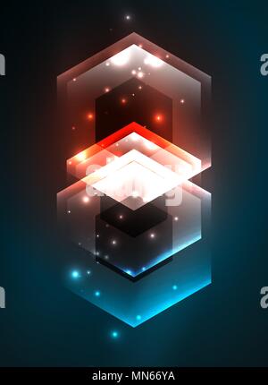 Techno glowing glass hexagons vector background. Techno glowing glass hexagons vector background, futuristic dark template with neon light effects and simple forms Stock Vector