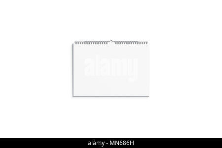 Blank white horizontal calendar mock up front view, 3d rendering. Empty almanac a4 mockup with metal spirals. Clear wall mounted landscape menology on Stock Photo