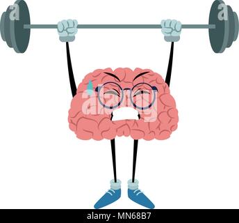 Funny brain cartoon lifting weights on black and white colors Stock ...