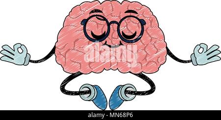 Funny brain cartoon doing yoga scribble Stock Vector