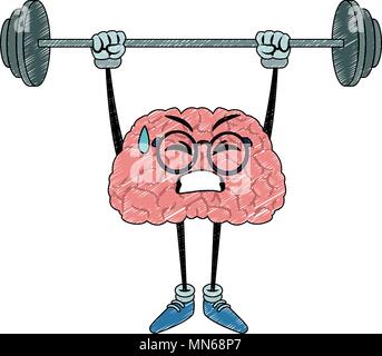 Funny brain cartoon lifting weights scribble Stock Vector