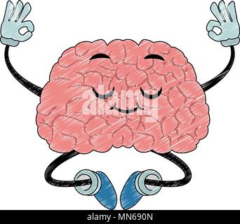 Funny brain cartoon doing yoga scribble Stock Vector