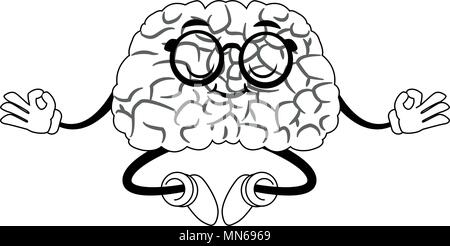 Funny brain cartoon doing yoga on black and white colors Stock Vector