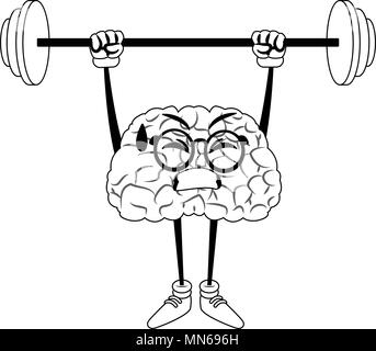 Funny brain cartoon lifting weights on black and white colors Stock Vector