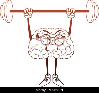 Funny brain cartoon lifting weights in orange and white colors Stock Vector