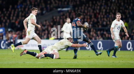 LONDON, ENGLAND - FEBRUARY 04: Joe Marler of England tackle on Nao Nakaitaci of France during the match between England v France RBS Six Nations Tournament at Twickenham Stadium on February 4, 2017 in London, England.  --- Image by © Paul Cunningham Stock Photo