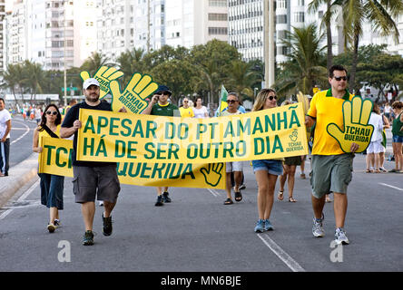 Copacabana, Rio de Janeiro - April 17, 2016: Demonstrators protest against the Brazilian Workers Party and the government of President Dilma Rousseff Stock Photo