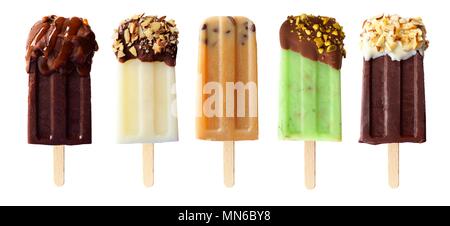 Five assorted chocolate themed popsicles isolated on a white background Stock Photo