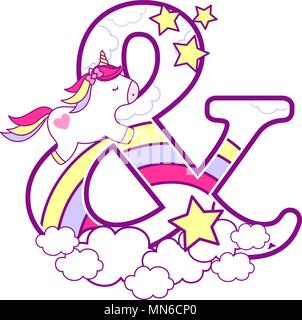 initial ampersand with cute unicorn and rainbow. can be used for baby birth announcements, nursery decoration, party theme or birthday invitation. Des Stock Vector
