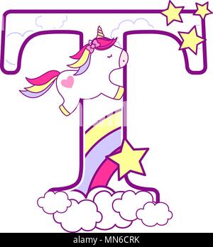 initial t with cute unicorn and rainbow. can be used for baby birth announcements, nursery decoration, party theme or birthday invitation. Design for  Stock Vector