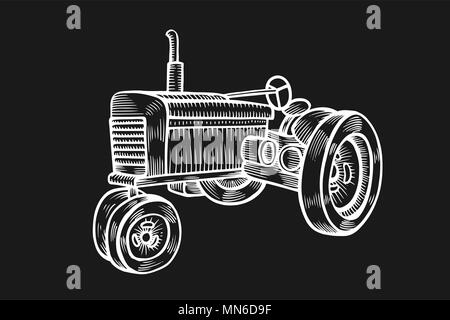 Wheeled tractor in vintage engraved style. Vector hand drawn illustration isolated on black background. Stock Vector