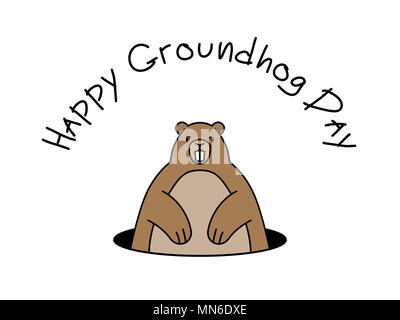 Groundhog peeps out of hole and words Happy Groundhog Day on white background Stock Vector