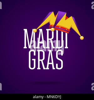 Inscription Mardi Gras with clown joker hat symbol carnival holiday fatty Tuesday Stock Vector