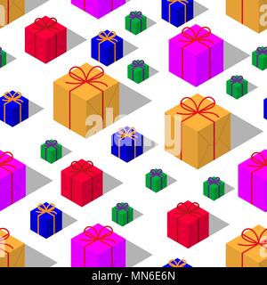 Multi-colored gift boxes different size in isometric on white background. Seamless pattern. Vector Wallpapers Stock Vector