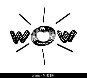 WOW inscription. Hand drawn design word for card, print, poster, emblem, textile, cloth, paper. Vector illustration Stock Vector