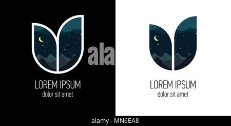 Double exposure letter U shape leaf mountain night sky stars moon vector for company brand style Stock Vector
