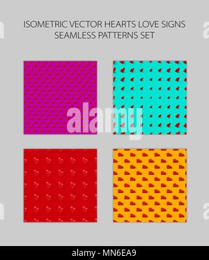 Isometric hearts seamless pattern set vector pink blue red orange background Stock Vector