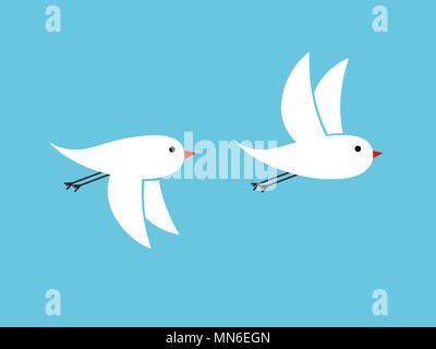 White birds flying on blue background waving their wings up down Stock Vector