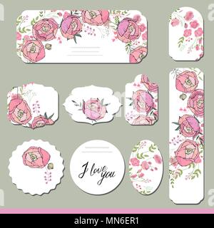 Collection with different floral paper labels for announcements. Stock Vector