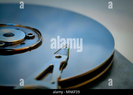 Detail of an opened computer hard disc drive, storage device Stock Photo