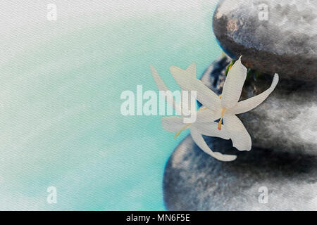 Digital Watercolor Painting Vintage style Zen meditation background, balanced stones with white flower stack under the water Stock Photo