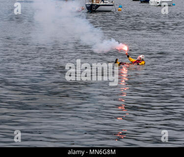 RYA Push the Boat Out day at Royal Cornwall Yacht Club.  Man over board exercise by the RNLI Stock Photo