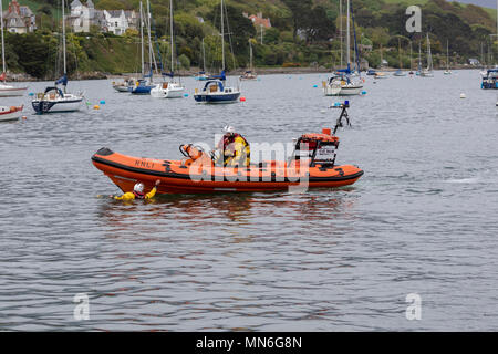 RYA Push the Boat Out day at Royal Cornwall Yacht Club.  Man over board exercise by the RNLI Stock Photo