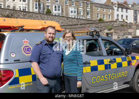 Royal Yachting Association Push the Boat Out event at Royal Cornwall Yacht Club Falmouth.  MP Sarah Newton poses with the Falmouth Coastguard Stock Photo