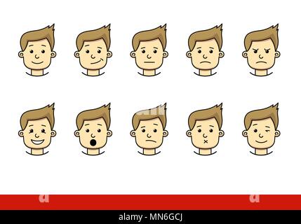 Boy facial emotions set. Boy face with different expressions. Vector illustration Stock Vector