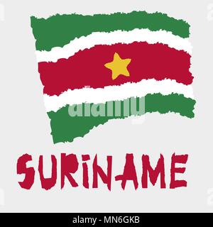Vintage national flag of Suriname in torn paper grunge texture style. Independence day background. Isolated on white Good idea for retro badge, banner Stock Vector