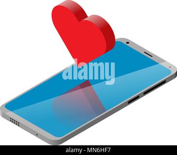 mobile phone is isometric and red heart is out of it. Isolated Stock Vector