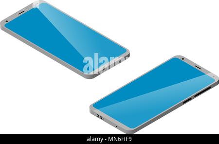 two smart phones in isometry on different sides on white background Stock Vector