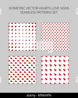 red Hearts in isometric view. Seamless pattern. Four options. Stock Vector