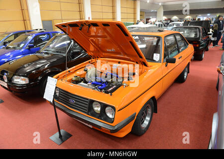 Orange Ford Escort RS2000 mk 2 at Shetland Classic Car show with the bonnet open Stock Photo