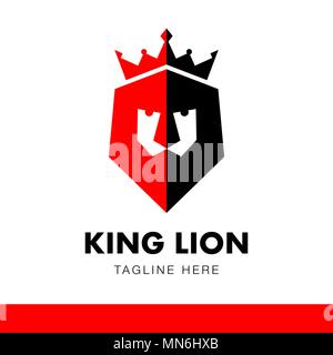Creative red black Lion from hexagon with crown. Or knight's shield or helmet Stock Vector