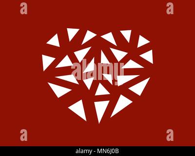 Split white heart from small triangles on red background Stock Vector