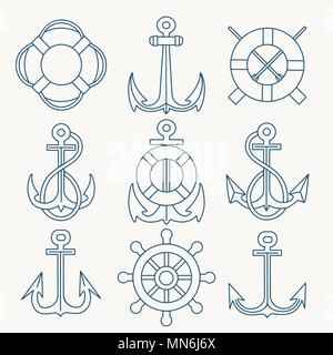 Thin Line Anchors, lifebuoy and steering wheels Emblem set. Vector illustration. Stock Vector