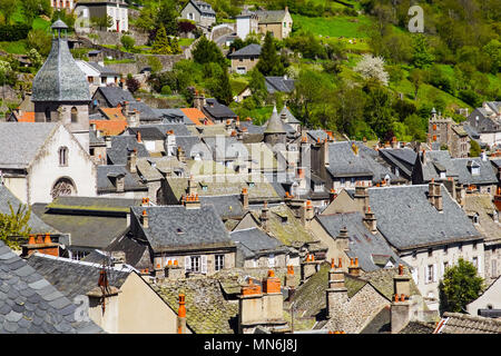 Elevated view of Murat, commune in the Cantal department in the Auvergne region in south-central France. Stock Photo